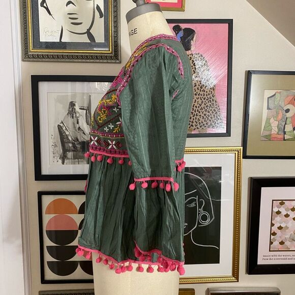 Zara Womens Size Medium Embroidered Kimono Cape Cardigan Green Pink Tie Neck NWT - Picture 4 of 10